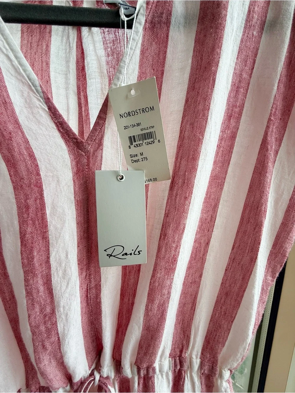 NWT Rails Wren Dress Linen Relaxed Drawstring Short Sleeve Red/White Stripes - M